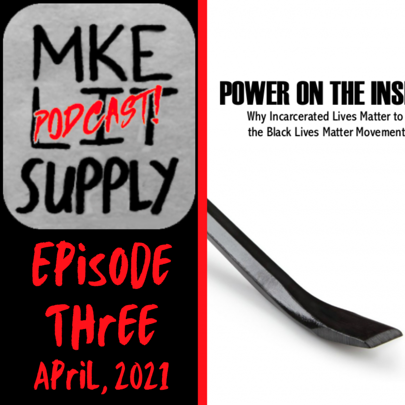 a black background with a red line splitting the image vertically down the center. on the left top is the mke lit supply podcast logo in the upper left corner, the words episode three and april, 2021 below the logo. on the righthand side the image of the cover of the zine power on the inside
